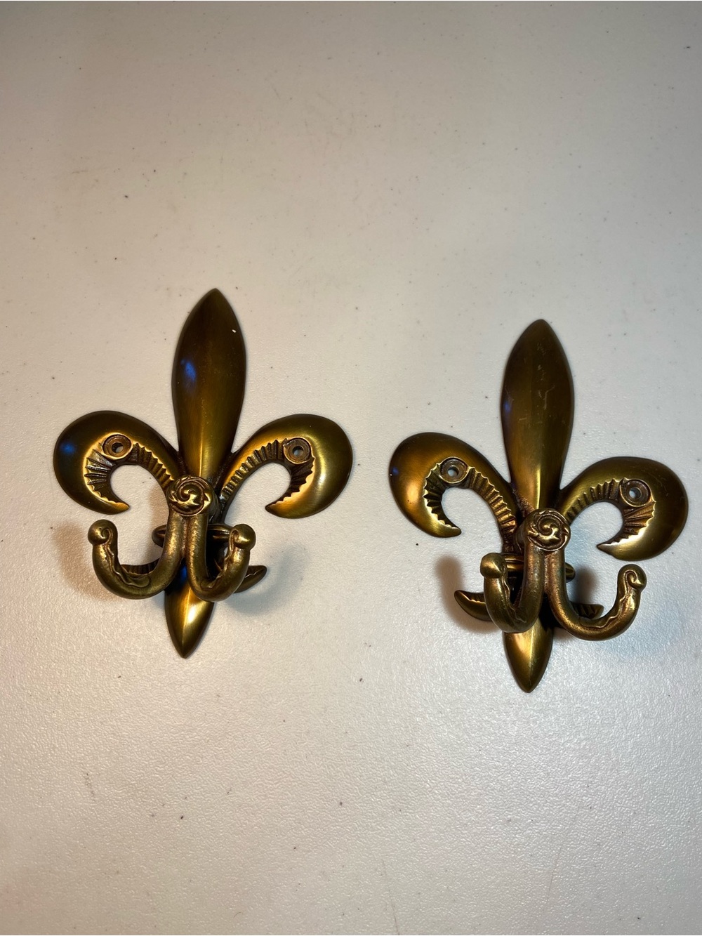 Fleur-de-Lis Double Wall Hooks in Antique Brass Finish - Set of 2